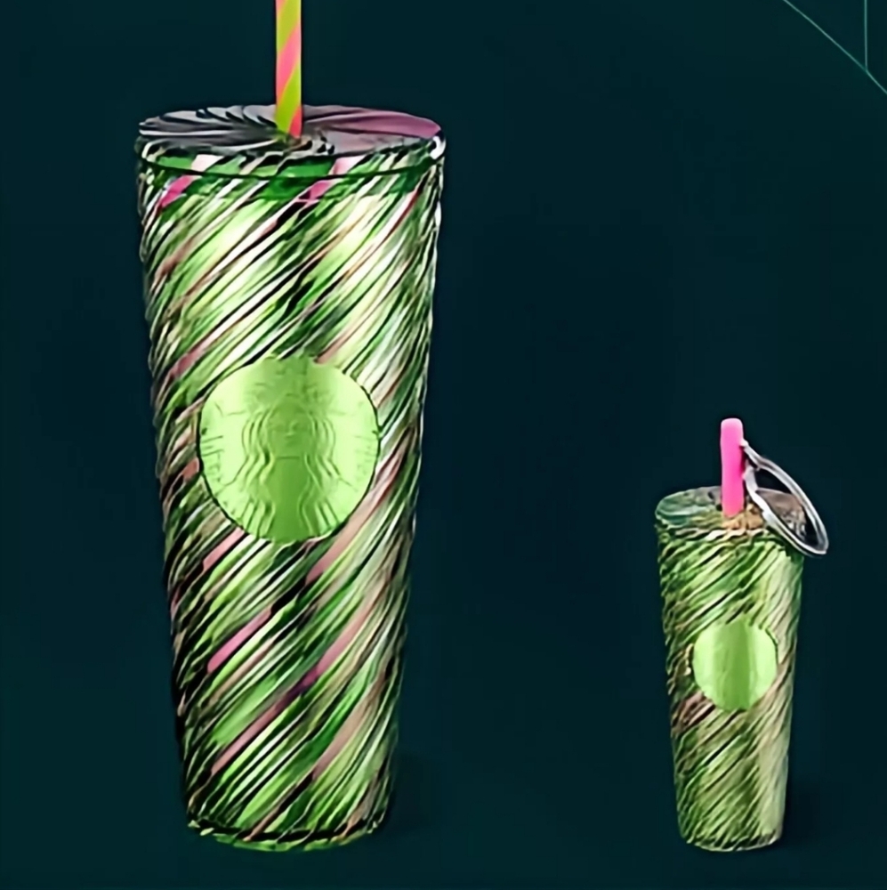 Starbucks Wicked Pink And Green Swirl 24oz Tumbler + Keychain